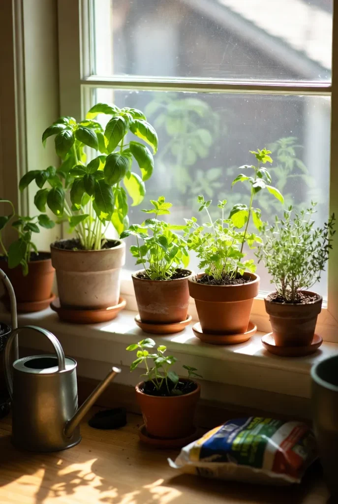 Healthy Indoor Herb Garden After Repotting