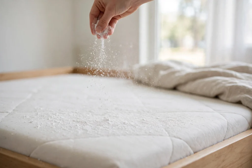 Baking soda sprinkled over a mattress to absorb odor.