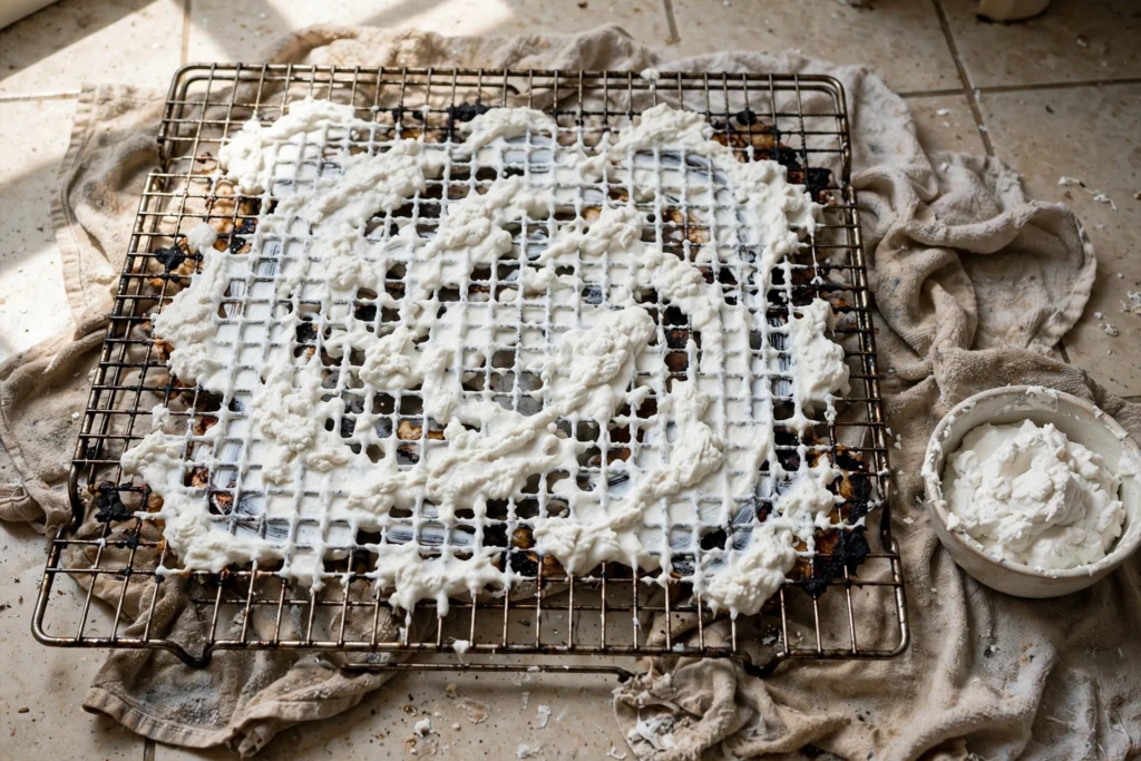 Baking soda paste spread on a dirty oven rack.