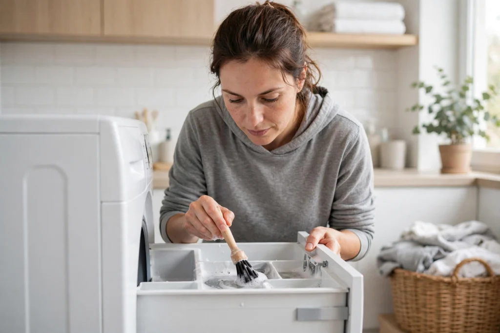 cleaning a washing machine detergent dispenser with a small brush