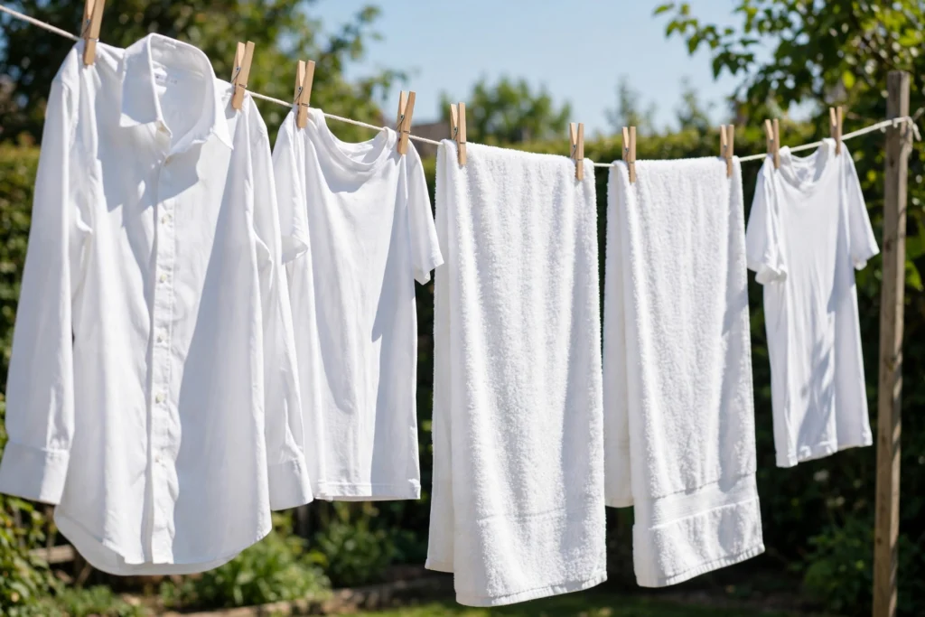 Bright white clothes hanging in sunlight after stain removal.
