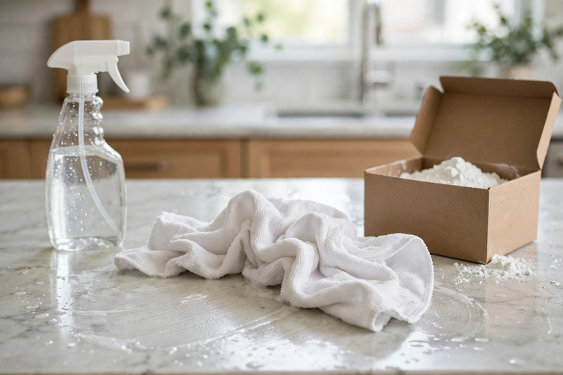 Kitchen cleaning spray bottle and cleaning supplies on a kitchen counter
