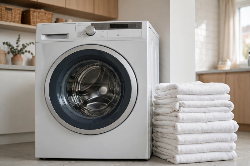 Washing machine in a tidy laundry room for laundry care guides