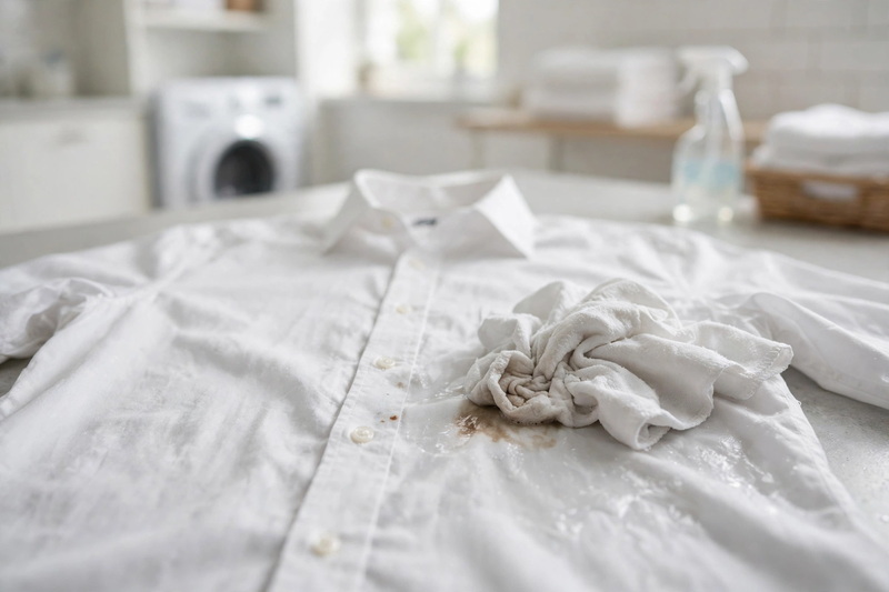 White shirt laid out for stain removal with cleaning supplies nearby