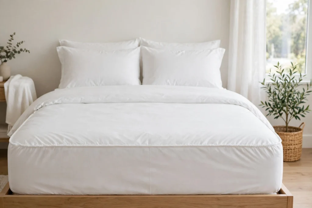Freshly cleaned mattress made up with a waterproof protector and clean bedding.