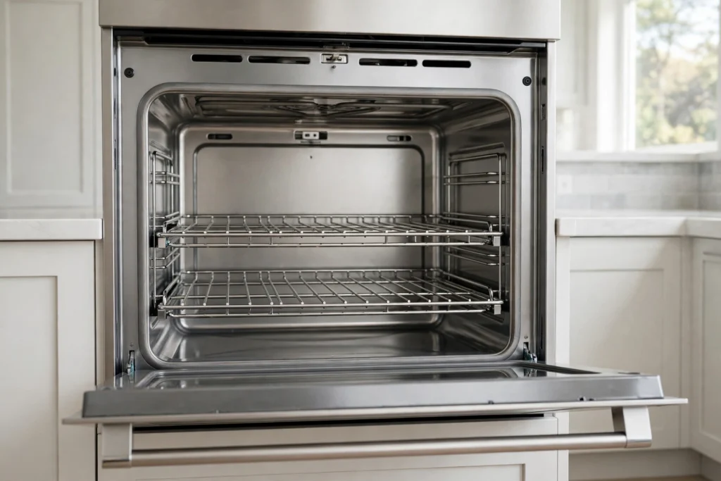Shiny clean oven racks slid back into an oven.