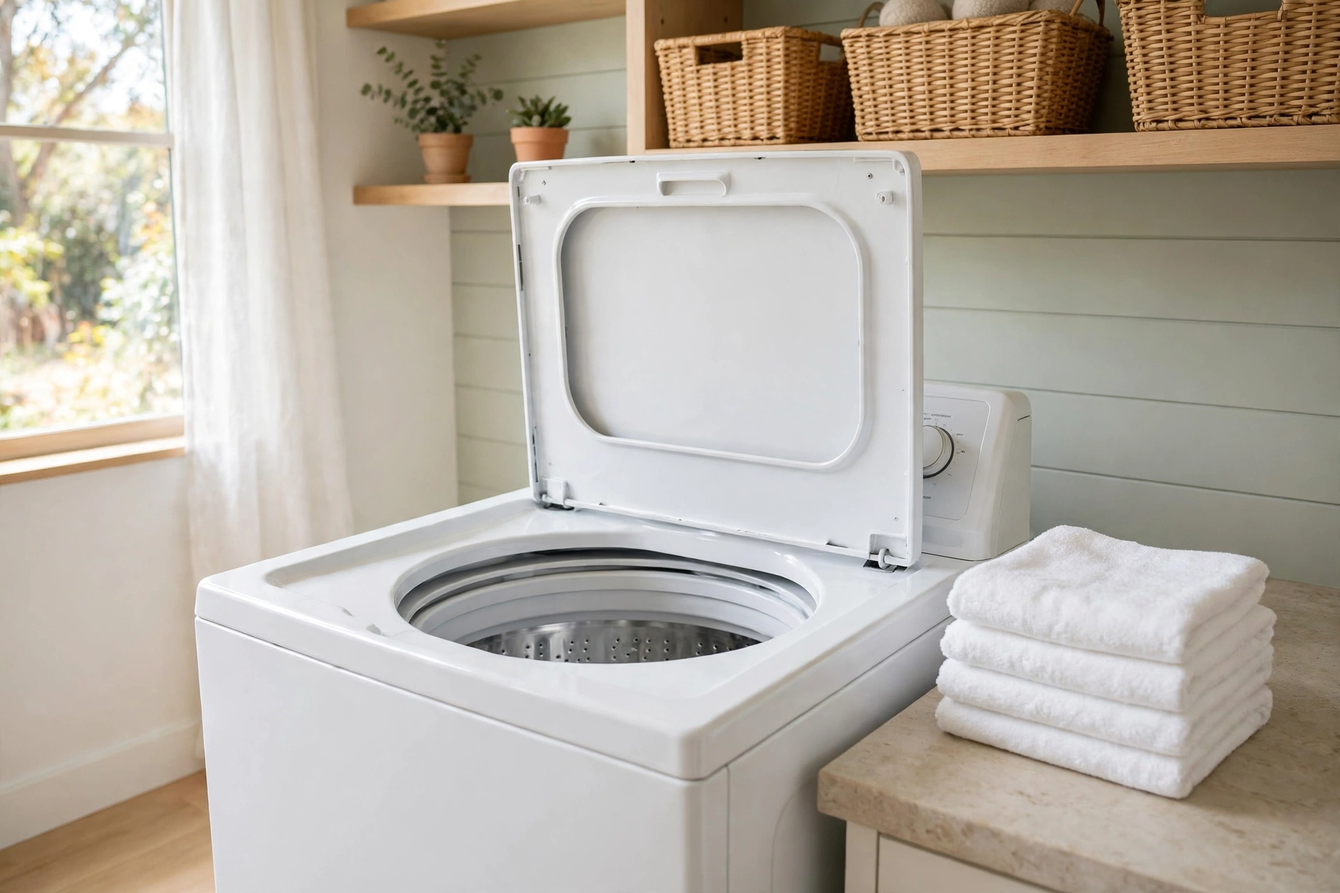 Freshly cleaned top load washer with the lid open to air dry.