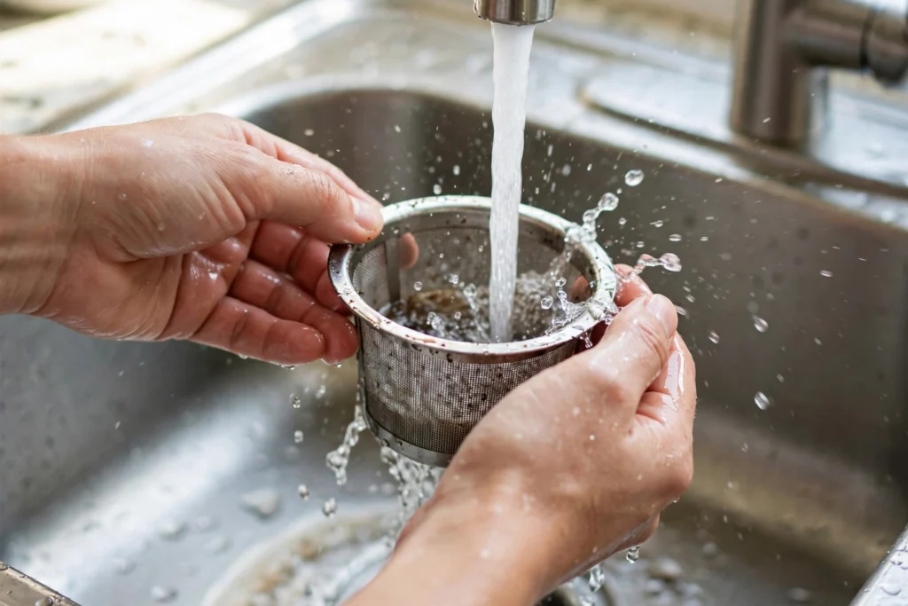 Rinsing a coffee maker filter basket under running water.