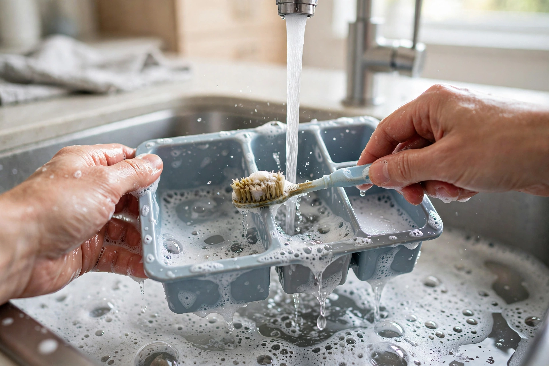 Scrubbing a washing machine detergent dispenser with a small brush.