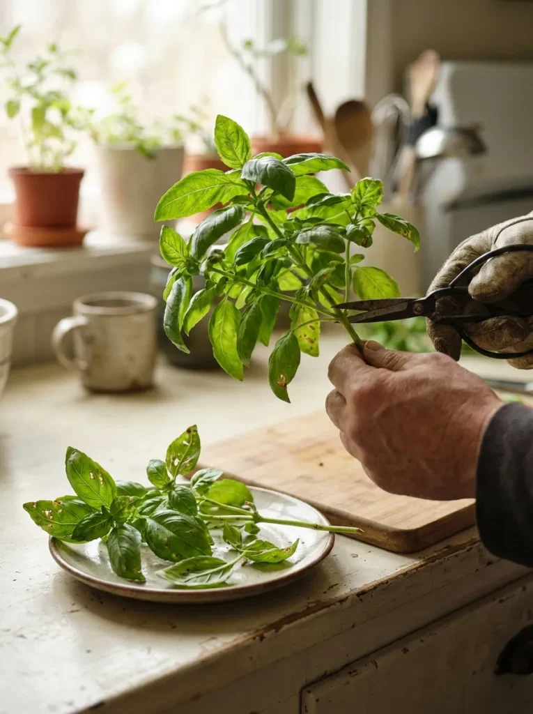 cutting basil leaves