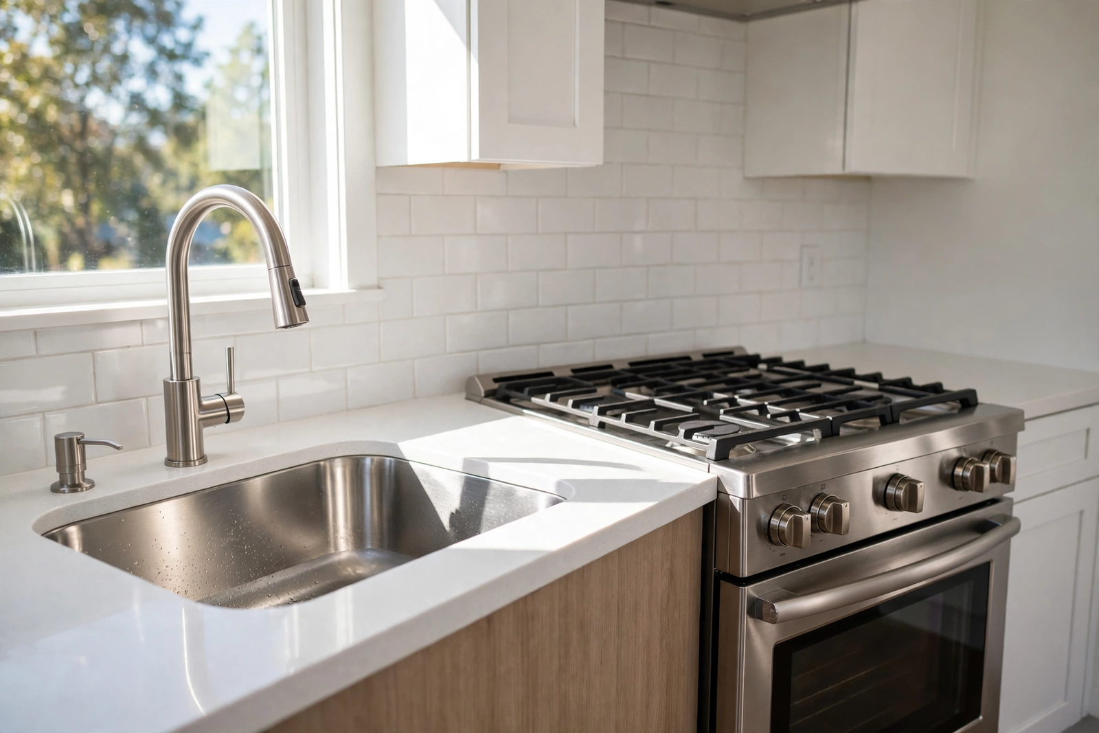 Clean bright kitchen with a polished tap and white tiled walls, ready for kitchen cleaning