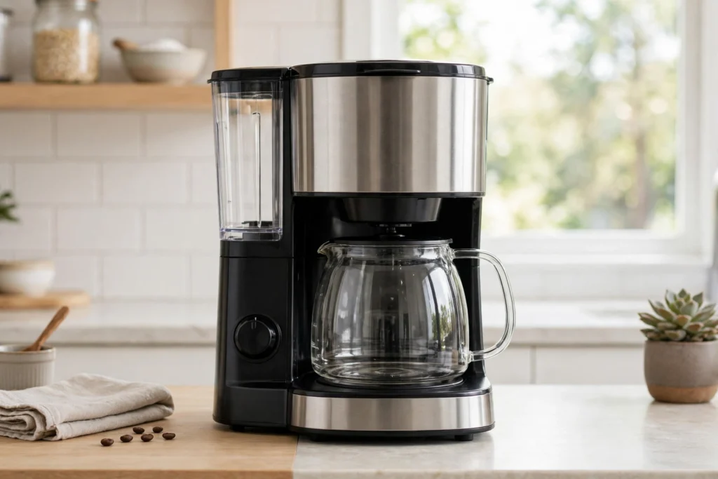 Clean drip coffee maker on a bright kitchen counter.