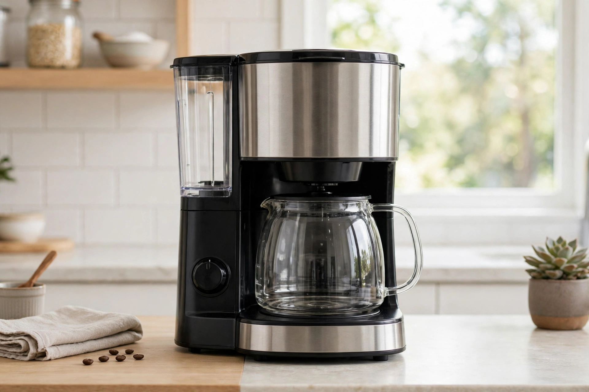 Clean drip coffee maker on a bright kitchen counter.