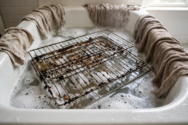 Dirty oven racks soaking in a bathtub of hot soapy water.