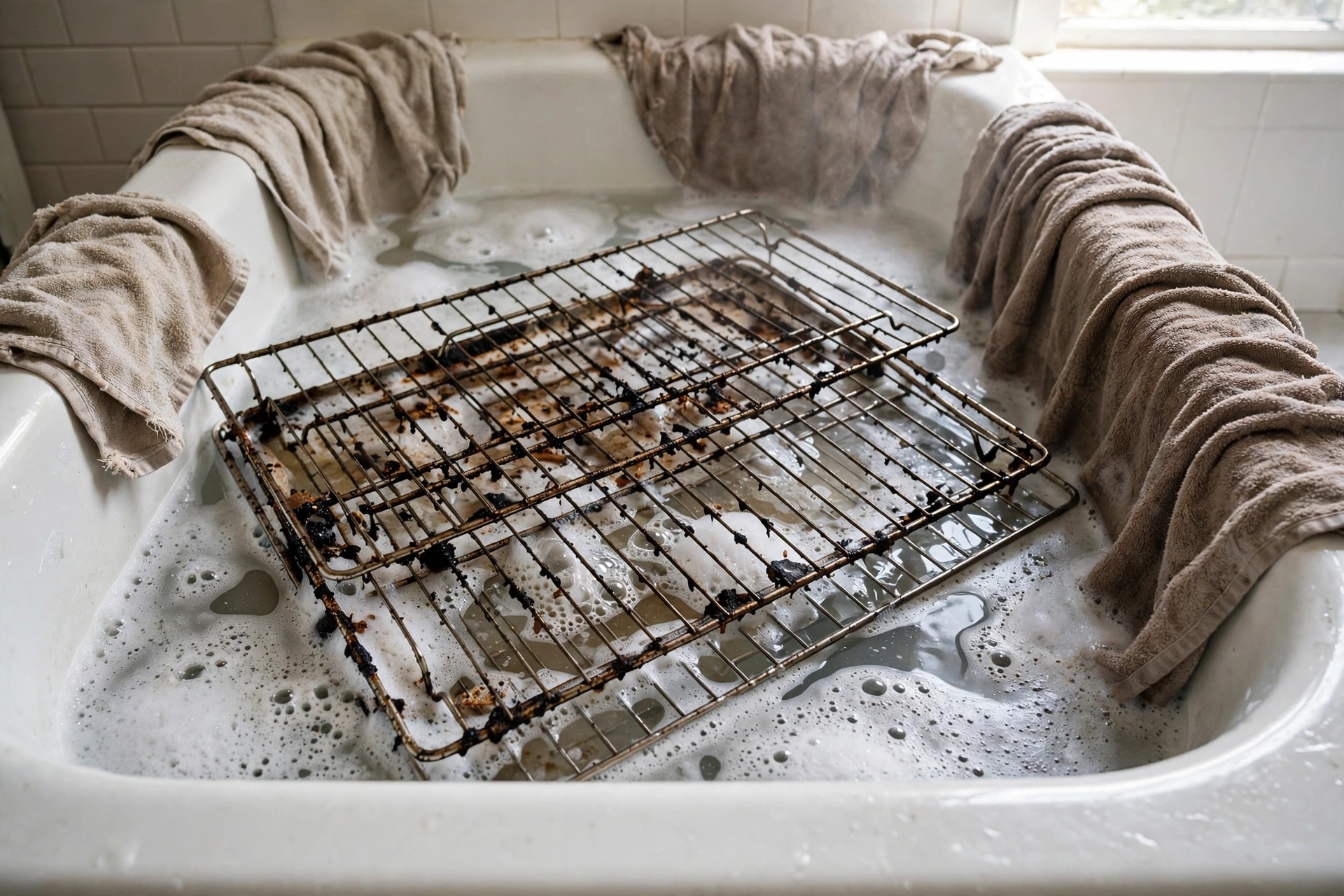 Dirty oven racks soaking in a bathtub of hot soapy water.