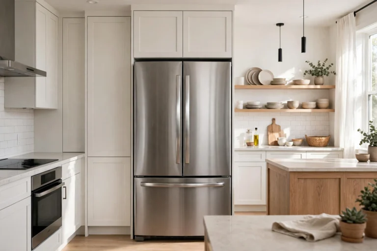 Clean stainless steel refrigerator in a bright modern kitchen