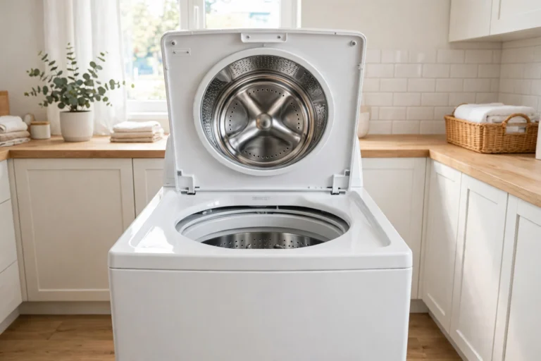 Clean top load washing machine with the lid open in a bright laundry room.