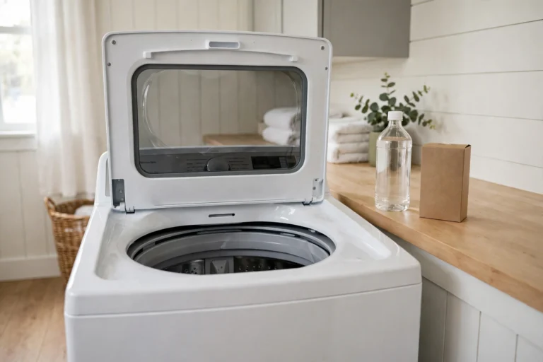 clean washing machine with vinegar and baking soda in a bright laundry room