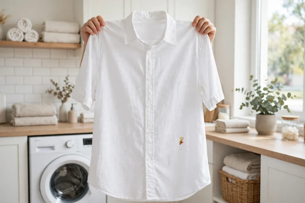 White shirt with a stain being treated in a bright laundry room.