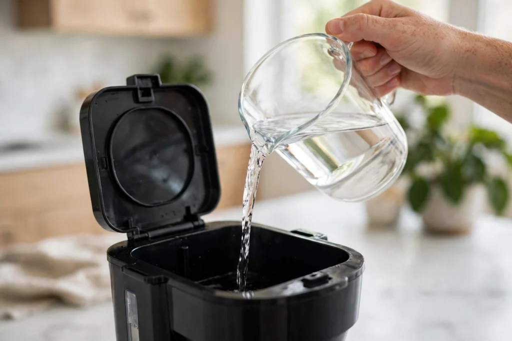 Pouring vinegar and water into a coffee maker reservoir.