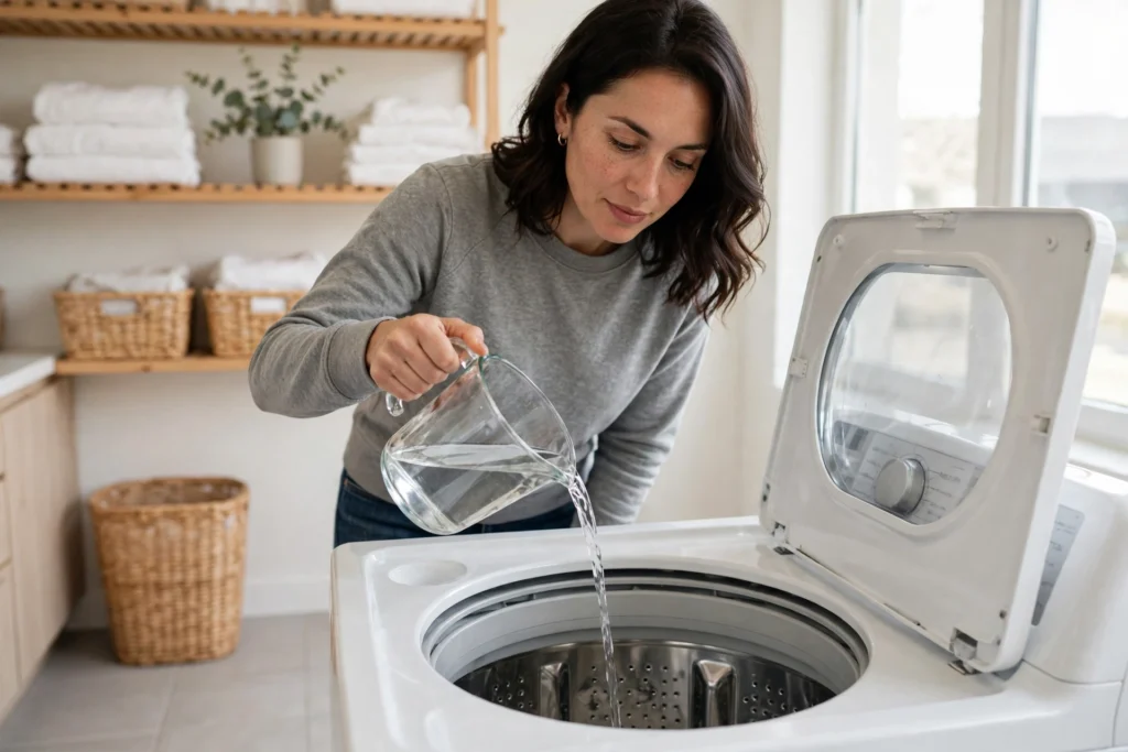 pouring vinegar into a top load washing machine drum