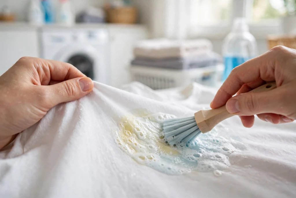 Pre-treating a stain on a white shirt with liquid detergent.