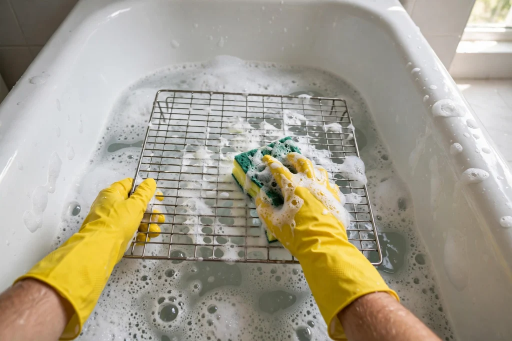 Scrubbing a soaked oven rack clean with a non-scratch sponge.