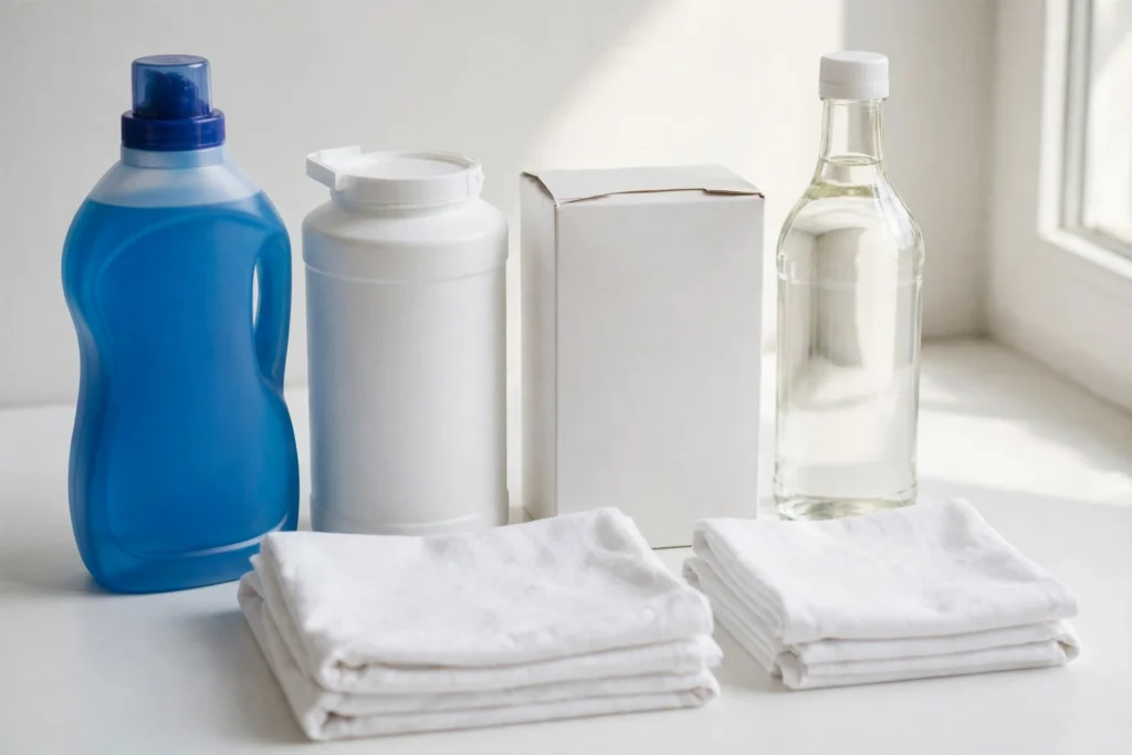 Supplies for removing stains from white clothes: detergent, oxygen bleach, baking soda, and cloths.