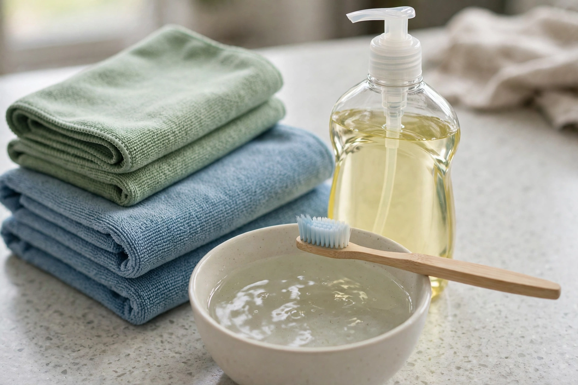 Supplies for cleaning stainless steel: microfiber cloths, dish soap, warm water, and a soft toothbrush