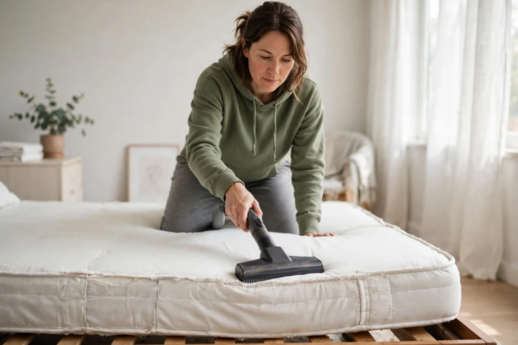 Vacuuming a stripped mattress with an upholstery attachment.