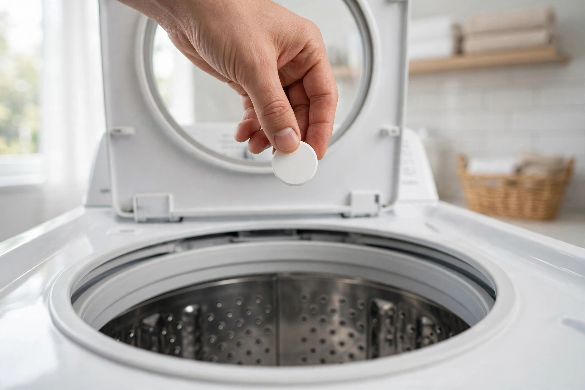 Washer cleaner tablet placed in an empty top load washer drum.