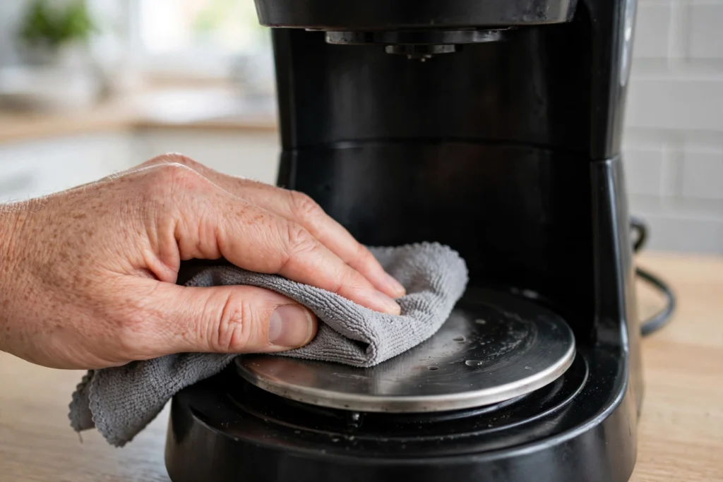 Wiping a coffee maker hot plate with a cloth.