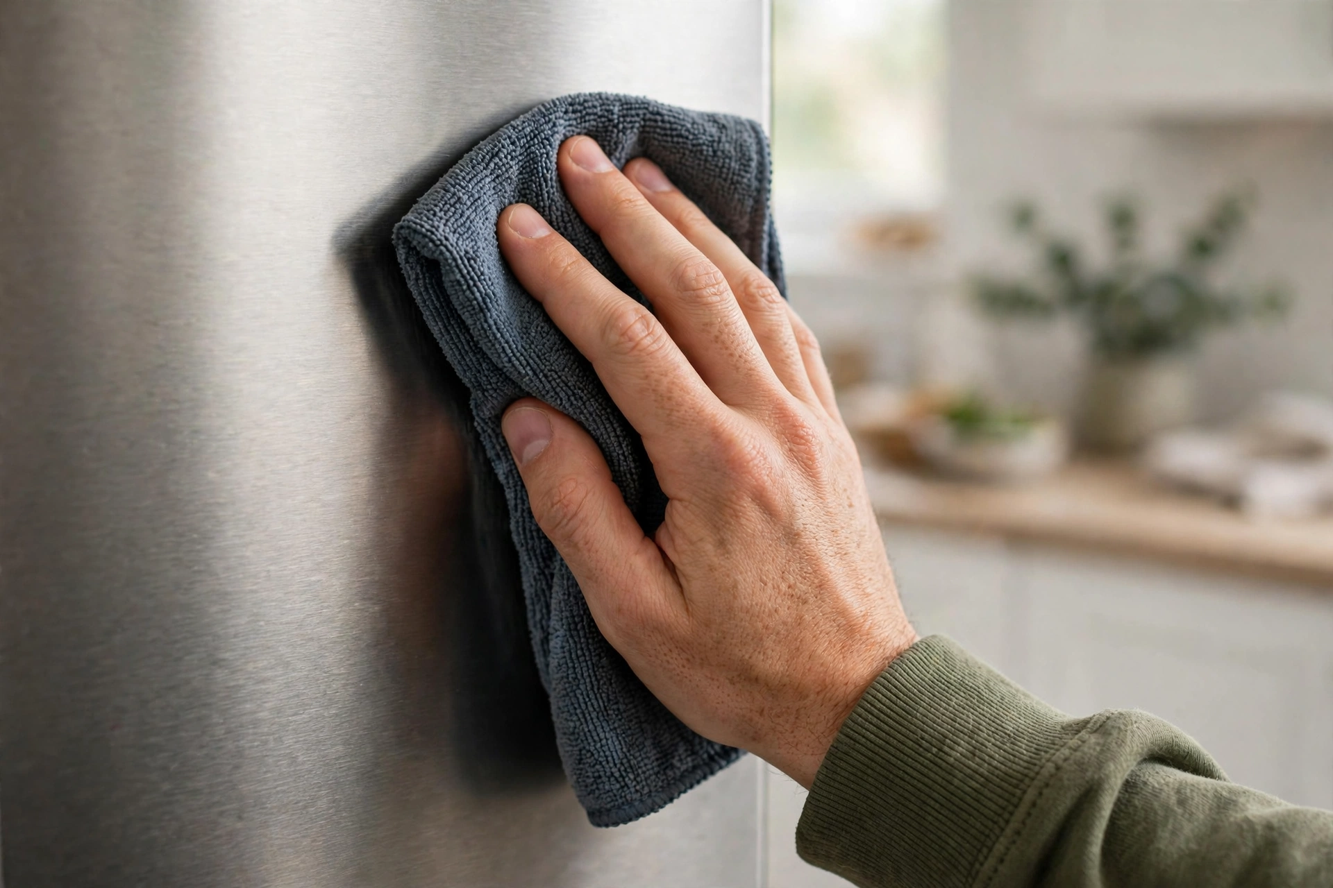 Wiping a stainless steel refrigerator door with a microfiber cloth along the grain